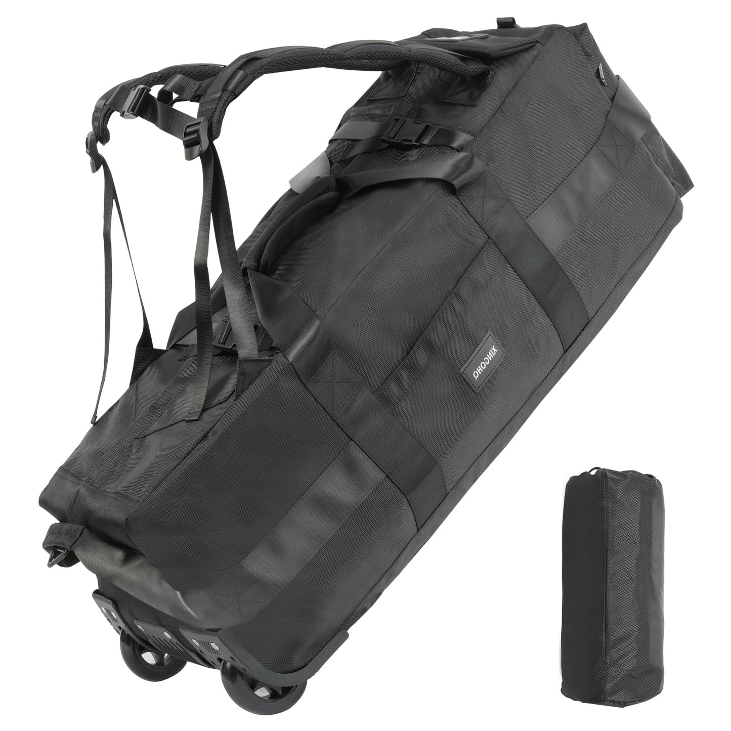 XINGOHQ 80L Rolling Duffle Bag with Wheels - Heavy-Duty 33.5" Foldable Duffel, Water-Resistant Wheeled Luggage with Shoulder Straps for Camping, Gym, Airplane (Black)