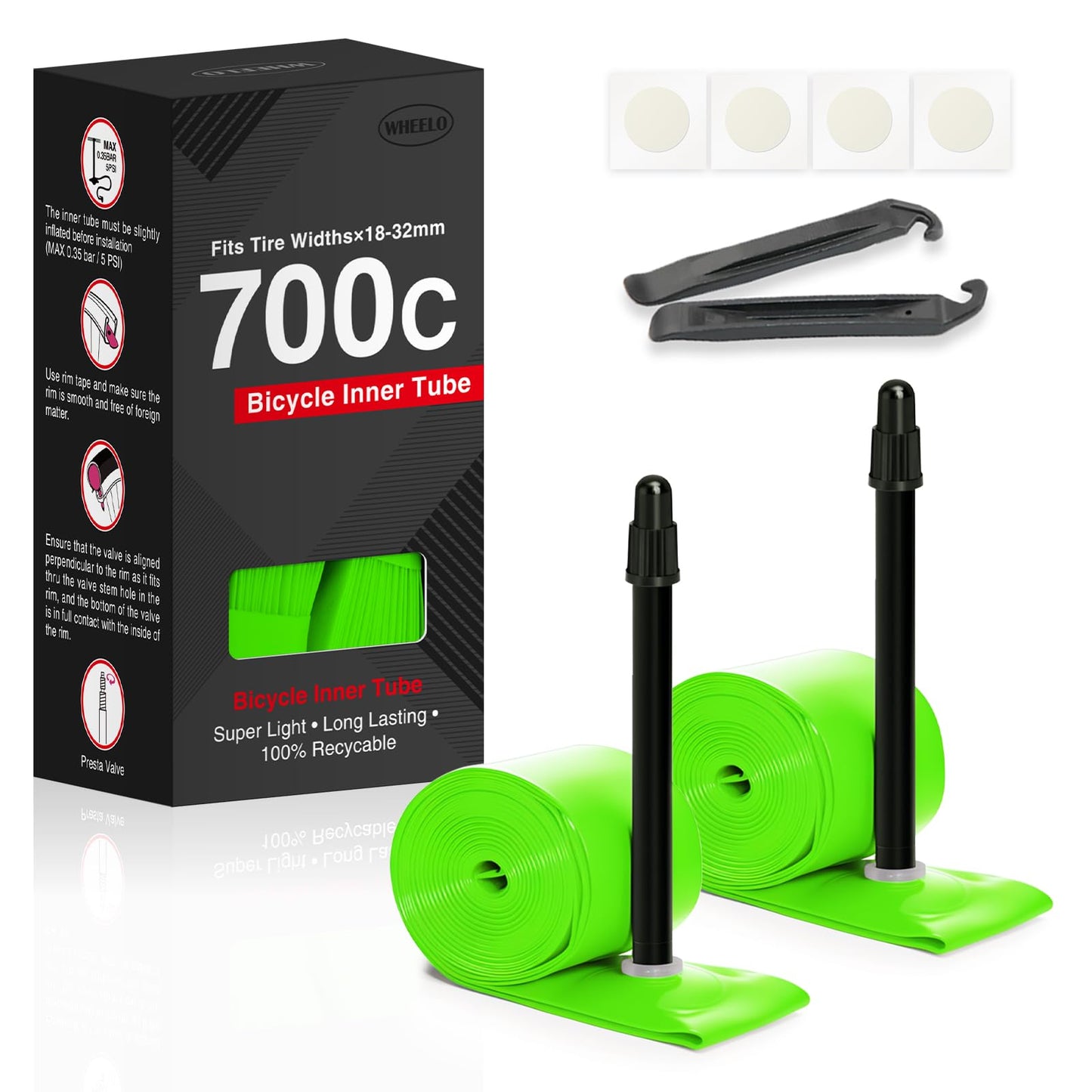 WHEELO 2-Pack TPU Inner Tube, 700C x 18-32C Road Bike Tube, 65mm Presta Valve Light Bicycle Tube, Strong & Compact | Rim & Disc Brake Compatibility-Green