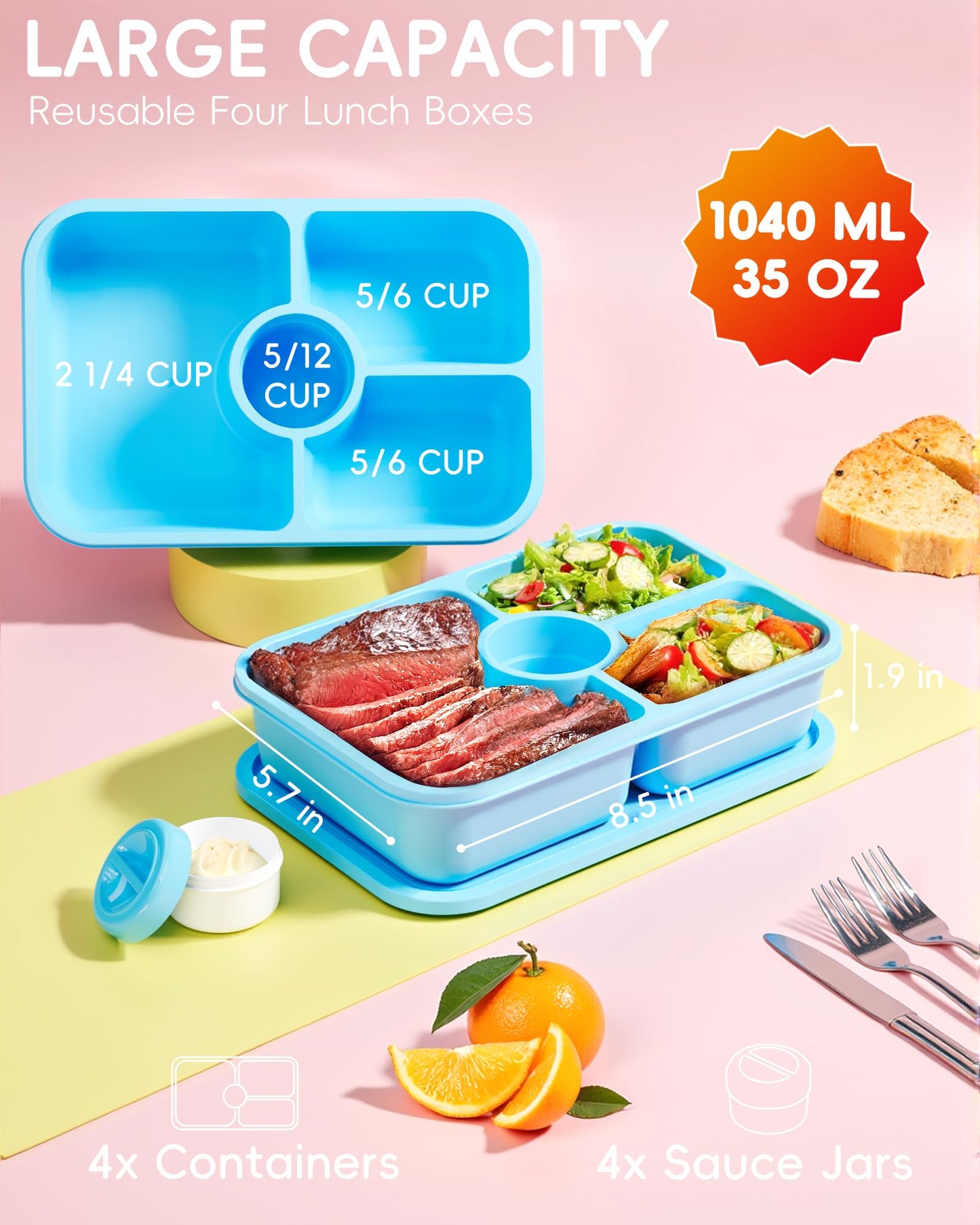 Canfanni 4 Pcs Bento Snack Box Containers, 4 Compartment Divided Stackable Food Storage Containers with Lids, Meal Prep Lunch Container with Sauce Cups