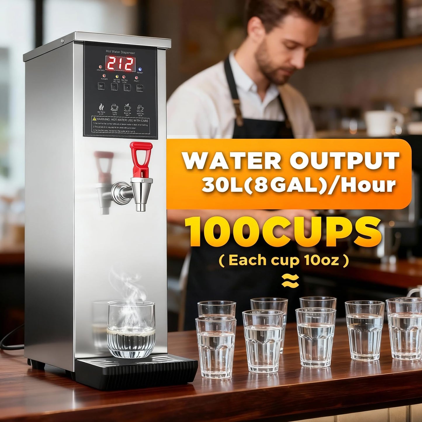 Commercial Hot Water Dispenser Water Boiler Countertop Auto-filling Stainless Steel Hot Water Machine Step-heating 104-212°F Adjustable for Cafe Tea Shop Office Restaurant Hotel 1500W 20L