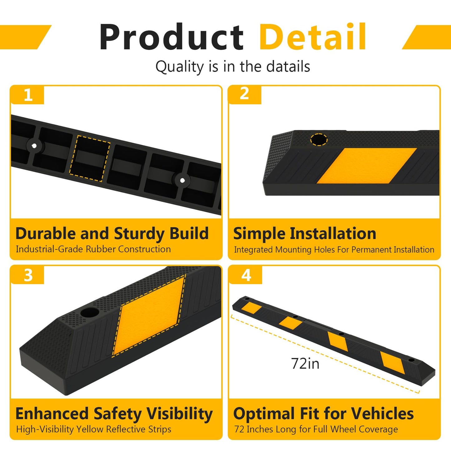 BESEA 2pcs Curb Parking Stoppers for Garage Bumpers Parking car 72" Length 4" High Heavy Duty Rubber Wheel Stopper for Vehicles Truck Driveway Help Your Cars Parking Stop Perfectily(2pack)