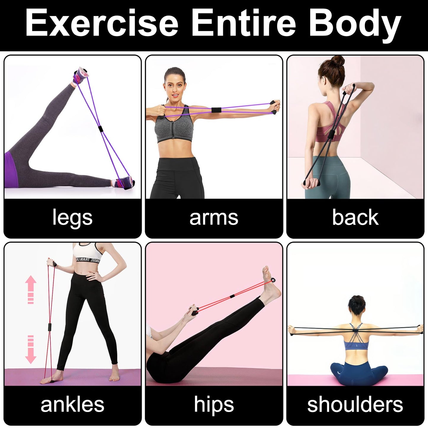 Figure 8 Fitness Resistance Bands with Handles, Exercise Elastic Bands for Women Arm Shoulder Back Leg Chest Stretch, Workout Equipment for Yoga, Pilates, Physical, Therapy, Home Gym Fitness, 3 Pack