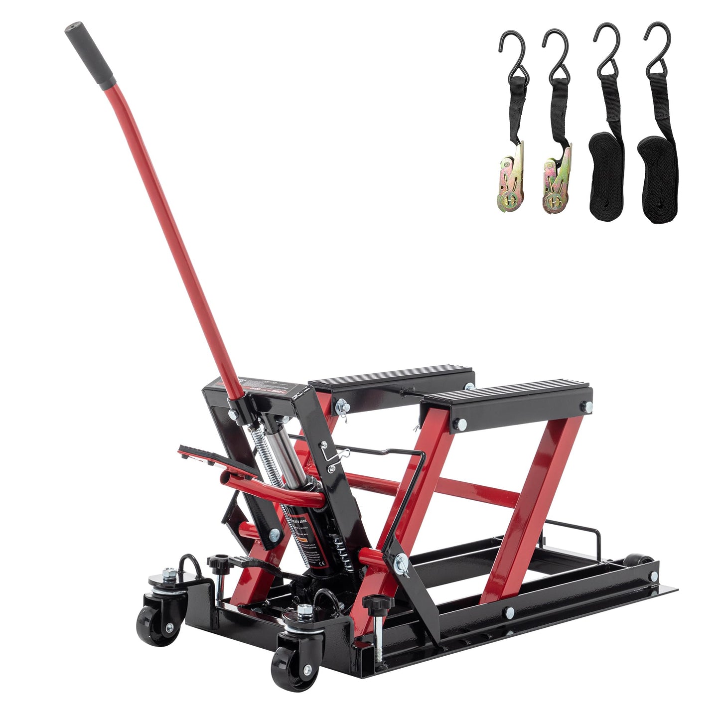 Hydraulic Motorcycle Lift Jack 1500 LBS Capacity, Foot-Operated Motorcycle Scissor Lift Table, 4.5"-15" Adjustable Height, Portable ATV Lift Jack with Wheels & Safety Lock, Red