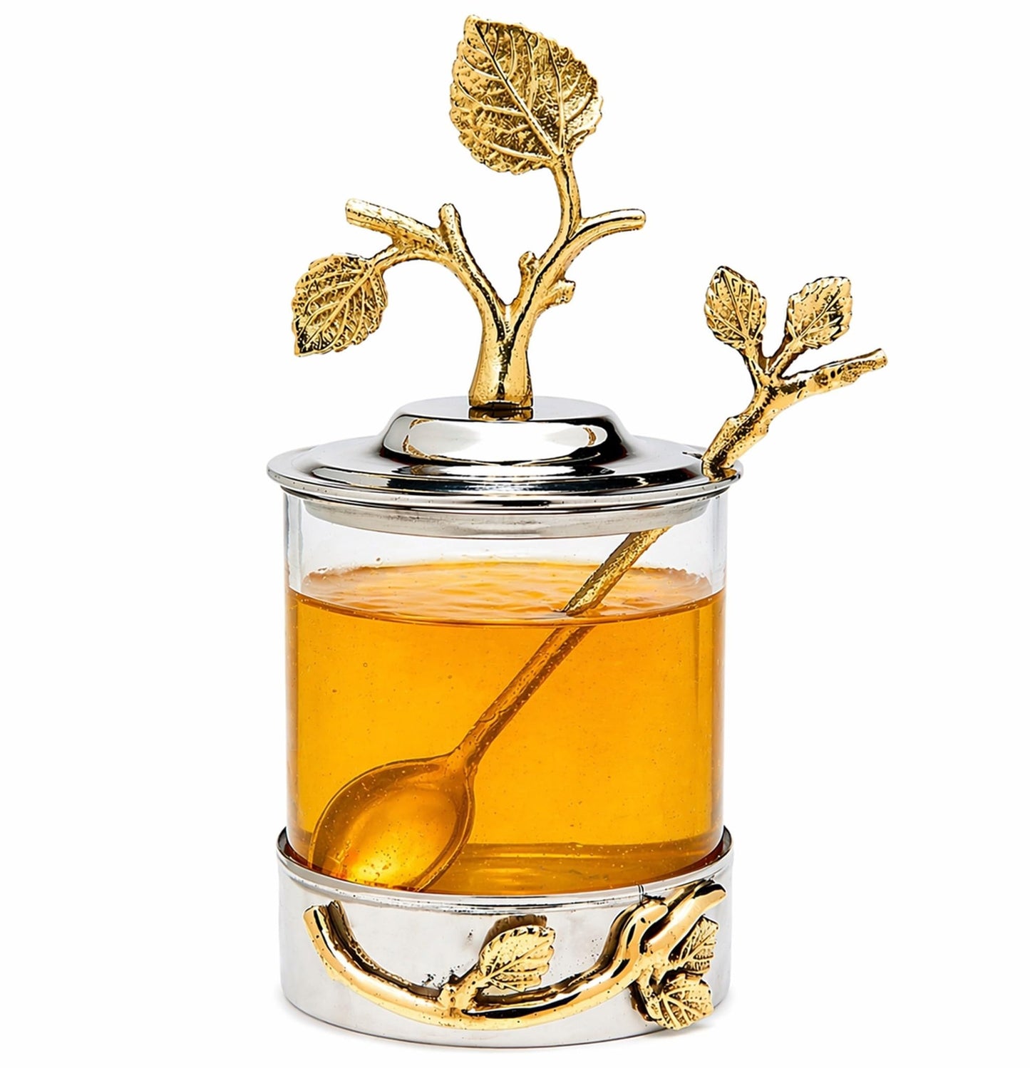 Godinger Elegant Leaf Jam & Honey Jar with Spoon – Stylish Stainless Steel & Glass Dish For Condiments, Sugar & Spreads – Decorative Serveware for Breakfast, Tea, Entertaining & Housewarming Gifts