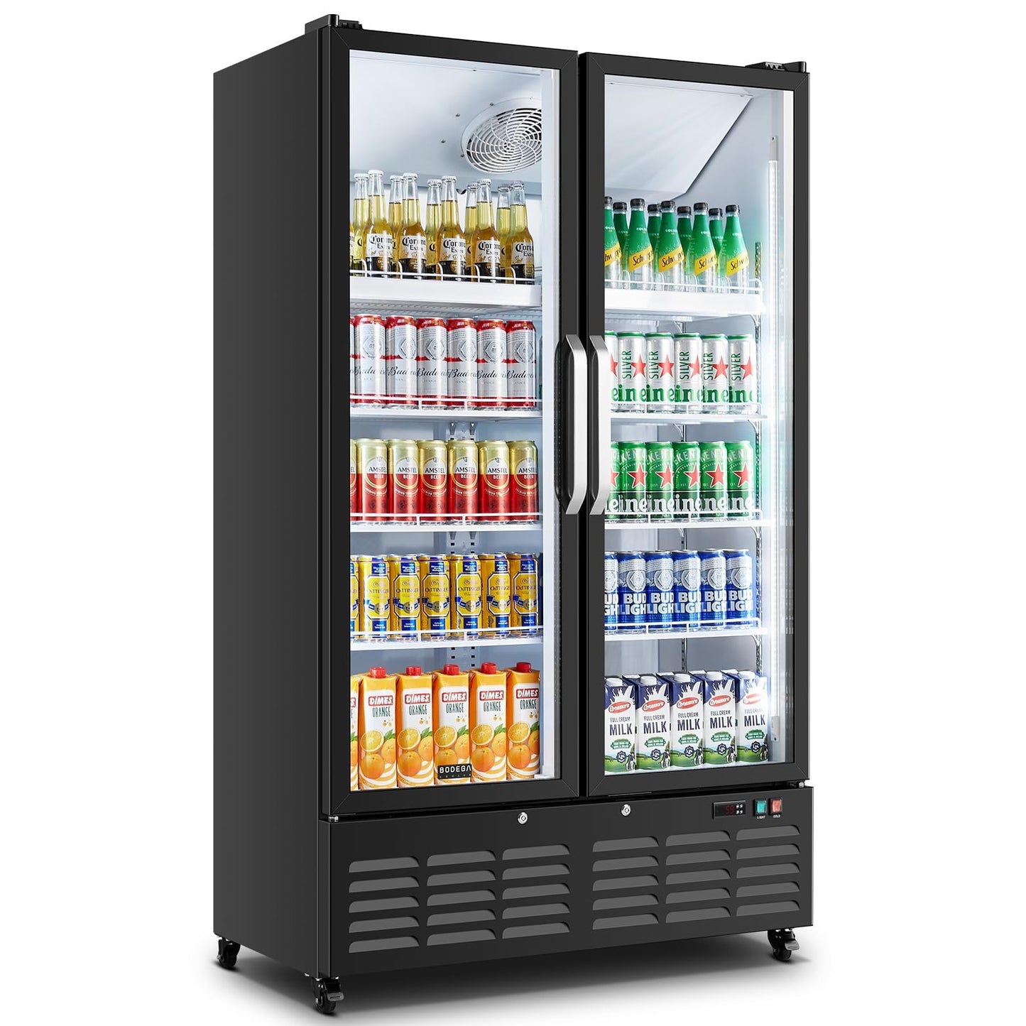 BODEGACOOLER Commercial Merchandiser Refrigerator, 27.02 Cu.Ft Double Glass Door Beverage Cooler, Upright Display Refrigerator with Soft LED Light, Adjustable Shelves, 4 Heavy-Duty Casters, Black