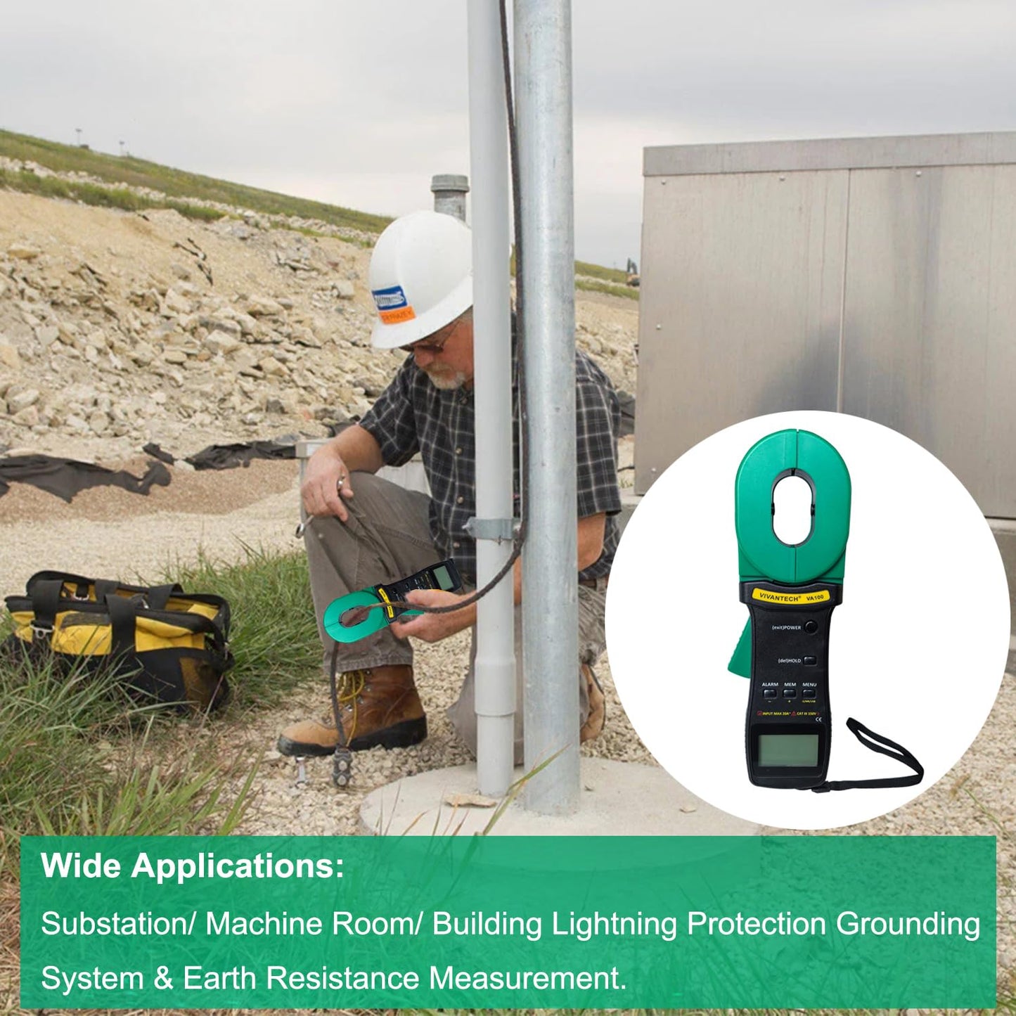 VIVANTECH VA100 Professional Digital Clamp Ground Resistance Tester – No Disconnect Earth Testing for Power Systems, Telecom, Gas Stations & Industrial Use 0.01-1000Ω