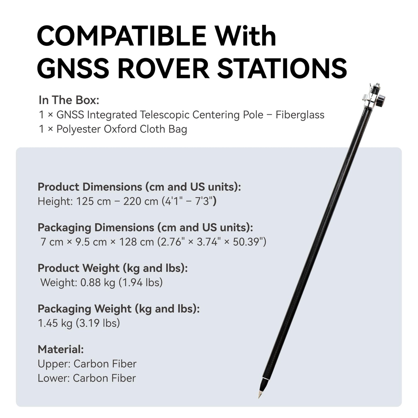 2.2M / 7.22ft Self-Locking Carbon Fiber GPS Survey Pole, Telescopic 125–220 cm GNSS Rover Rod Compatible with Trimble, 5/8″ Thread, Lightweight Oxford Cloth Carry Bag for Land Surveying & RTK GNSS