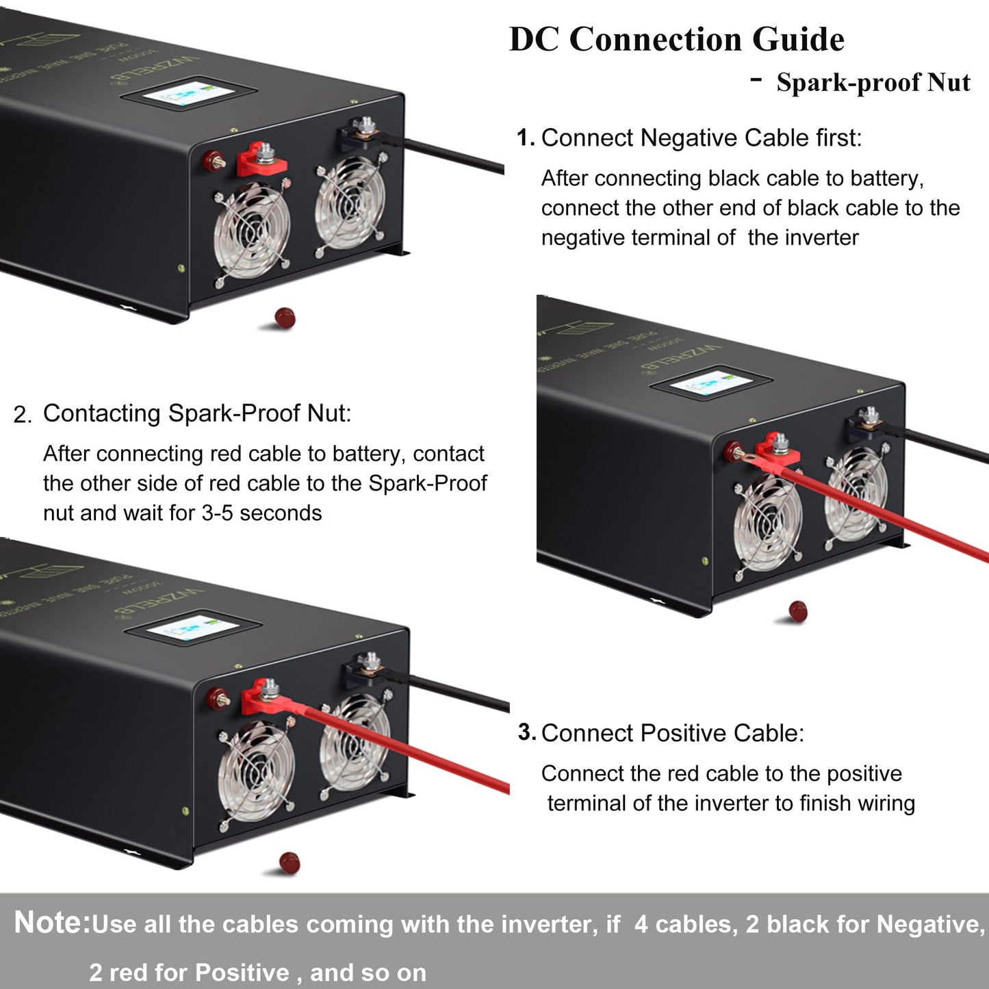 WZRELB 3000W Split Phase Pure Sine Wave Inverter, 48V DC to 120V/240V AC, 4 AC Outlets, Hardwire Terminal, High Efficiency up to 91.6%