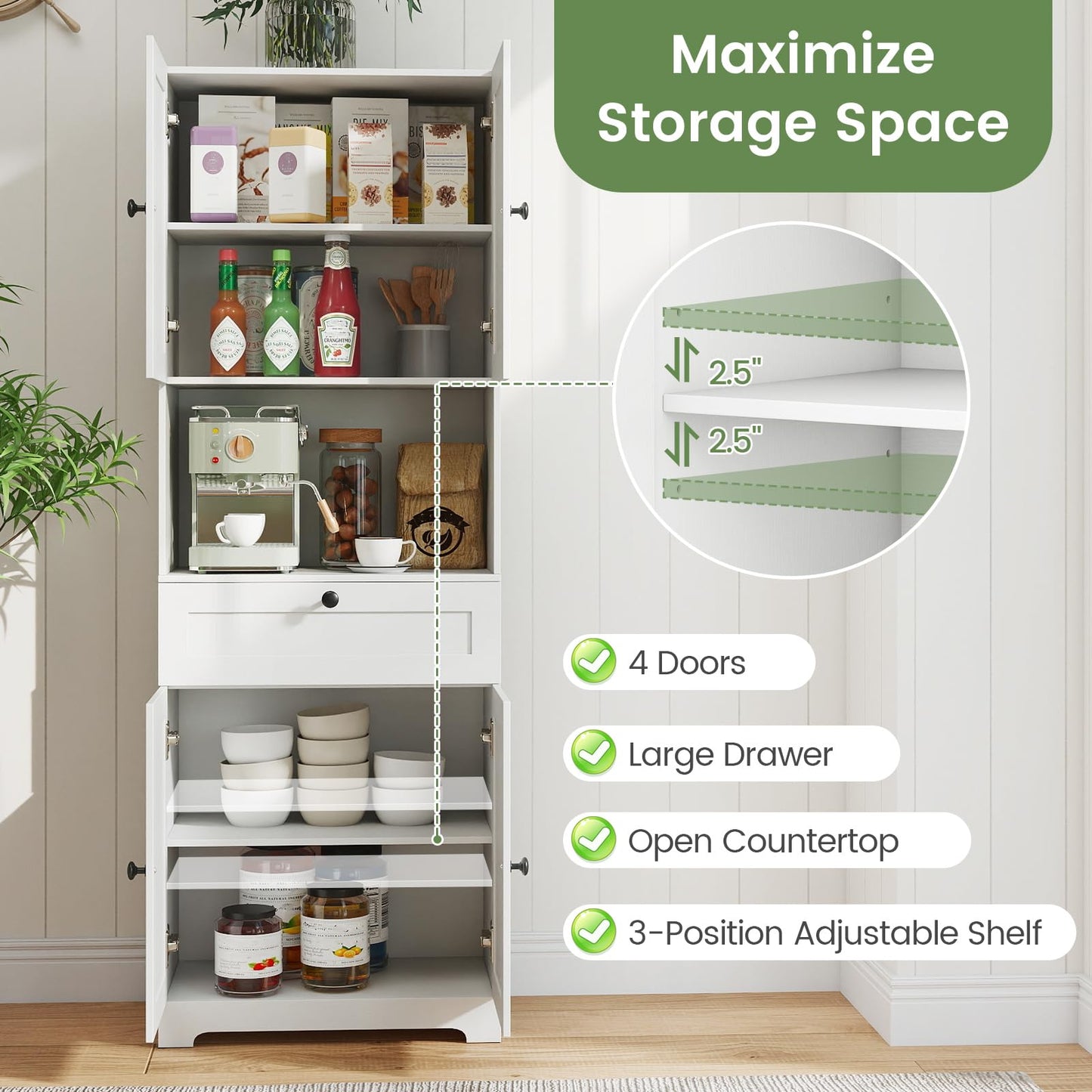 Giantex Kitchen Pantry Cabinet, 67.5" Tall Floor Storage Cabinet w/4 Doors & 1 Drawer, Modern Freestanding Bathroom Organizer w/Open Countertop & Adjustable Shelf for Dining Room, Living Room (White)