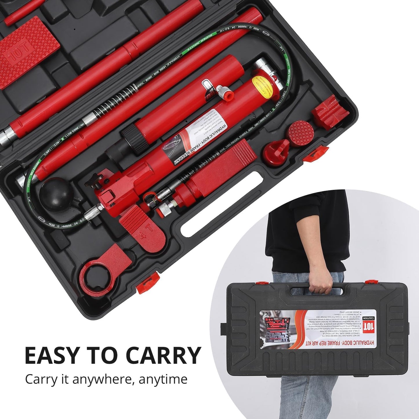 10-Ton Hydraulic Porta Power Kit with Heavy Duty Ram, Secure Transport Case, Frame Repair and Lifting Tool for Auto Shop and Construction