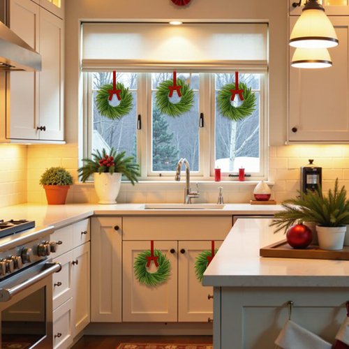 6 Pcs Mini Christmas Wreaths for Kitchen Cabinet, 7.87" Small Christmas Wreath with Ribbon Bows, Norfolk Pine Candle Ring Holder for Table Centerpiece Window Chair Wall Decors