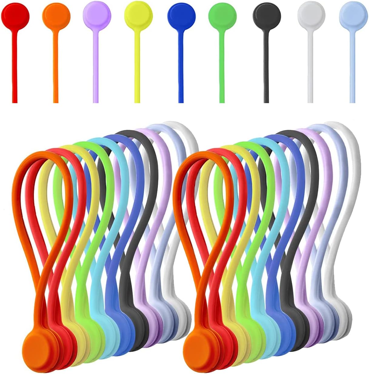 LORDTRONICS 20 Pack 10 Reusable Silicone Magnetic Cable Ties Twist Ties for Home/Office Cord Wrap, Cable Organizer