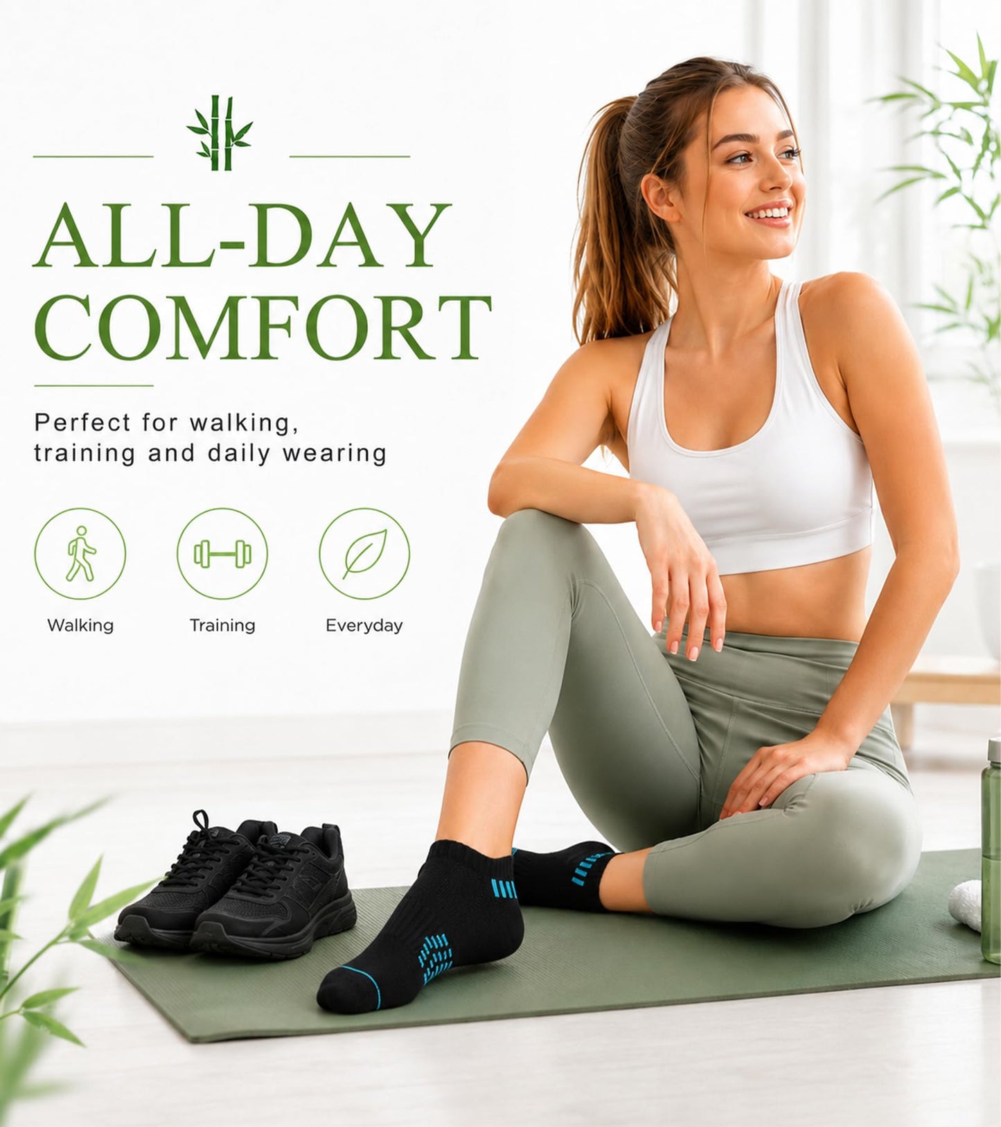 floconssy Ankle Socks for Women, Bamboo Viscose Black Cushioned Running Socks Low Cut Athletic Short Footies with Heel Tab 5 Pairs Size 6-9