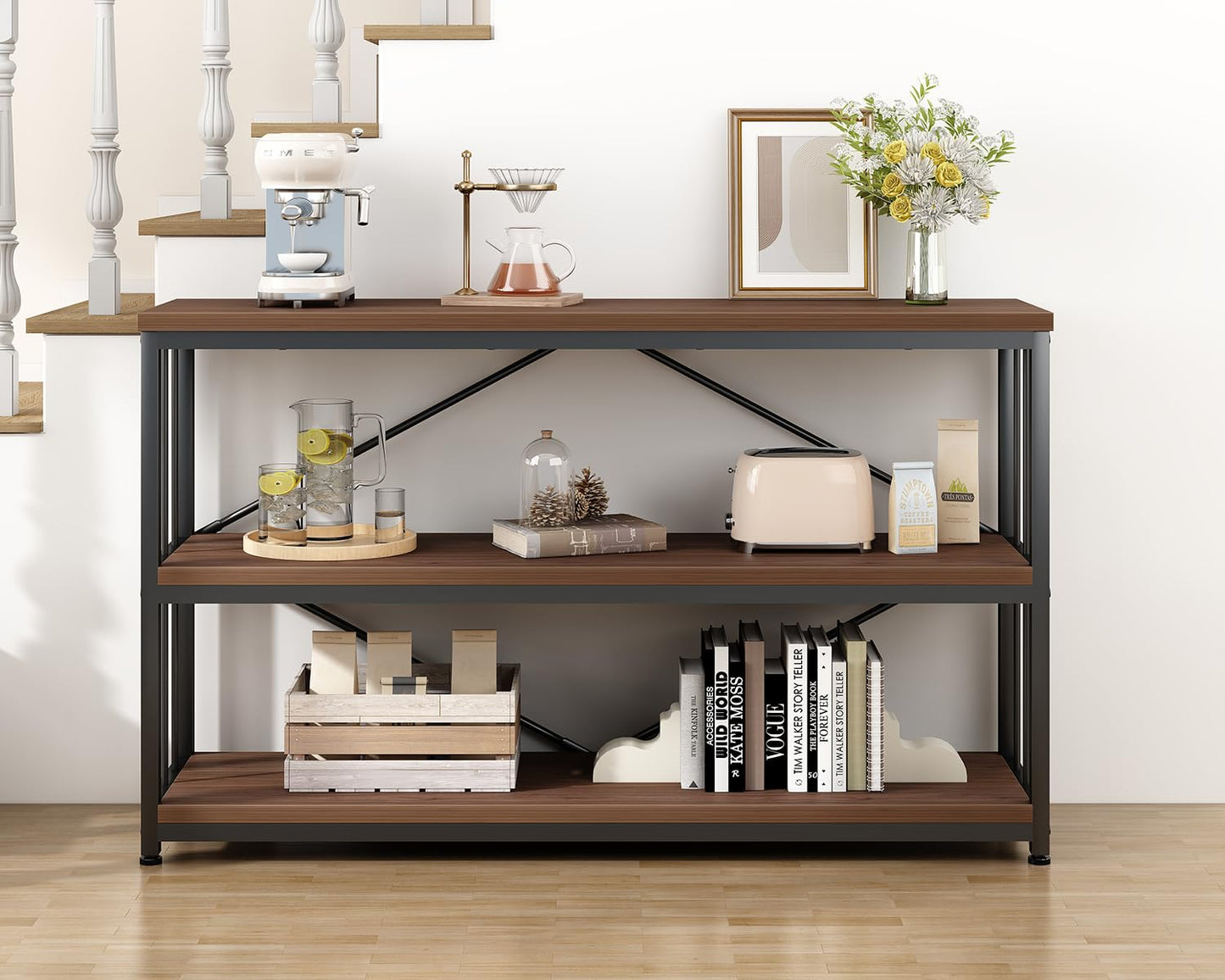 IBF 3-tier Industrial Bookshelf, Wood and Metal Horizontal Shelves Rustic Low Wide Bookcase with Large Open Storage, Farmhouse Simple Display Shelf for Home Office Living Room Kitchen, Walnut, 47 Inch