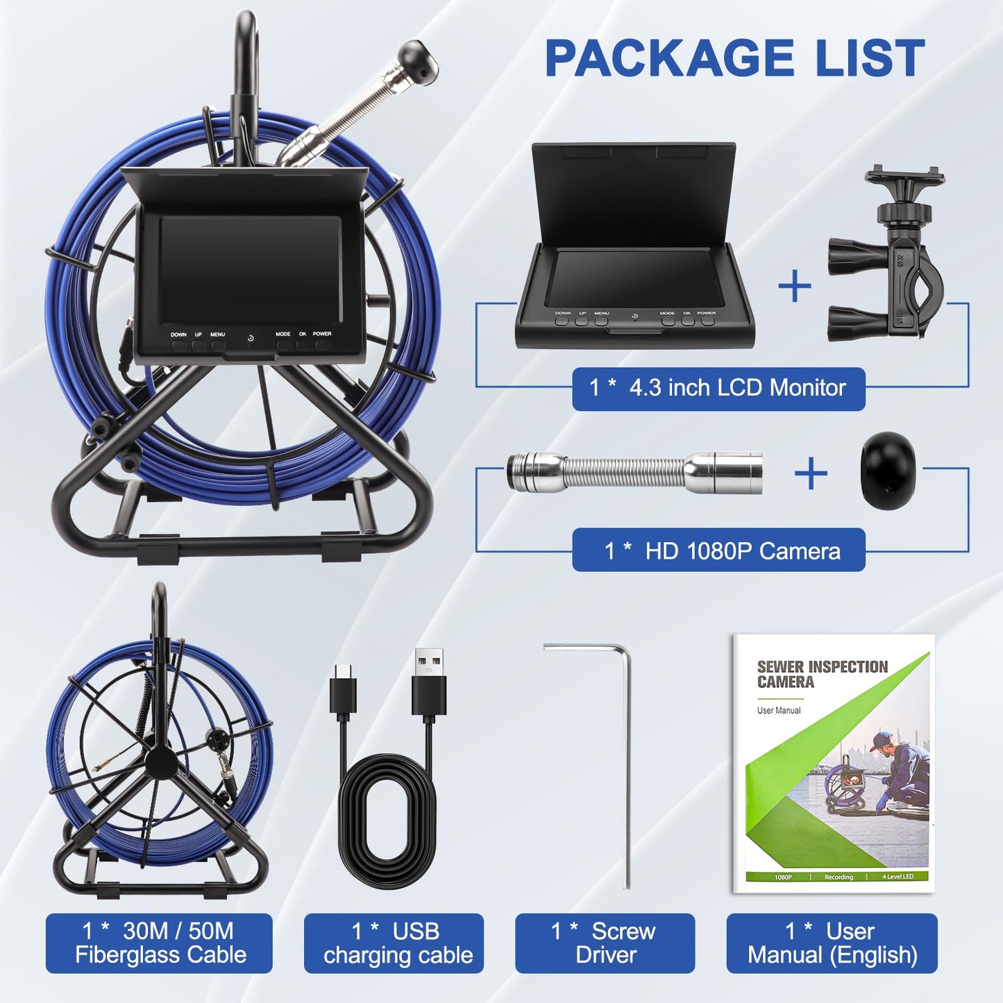 Sewer Camera w/DVR Function, 4.3" HD 1080P Screen Pipeline Inspection Camera, IP68 Waterproof Pipe Plumbing Snake Cam with 32GB Card, for Sewer Line, Home, Duct Drain Pipe Plumbing (30M/100FT)