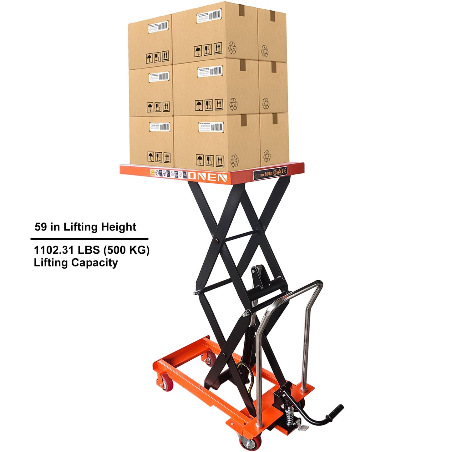 ONEN Hydraulic Scissor X-Frame Lift 1102 LBS Lifting Capacity, 59 in Lifting Height, Manual Scissor Lift Table with 4 Lockable Wheels & Foot Pump, Elevating Hydraulic Cart for Material Handling