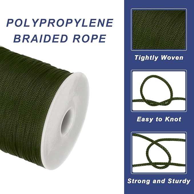 MECCANIXITY 1/16 Inch Polypropylene Rope Braided Ropes, 328ft Nylon Rope Hollow Utility Cord for Clothesline, Camping, Hiking, Outdoor, Deep Green