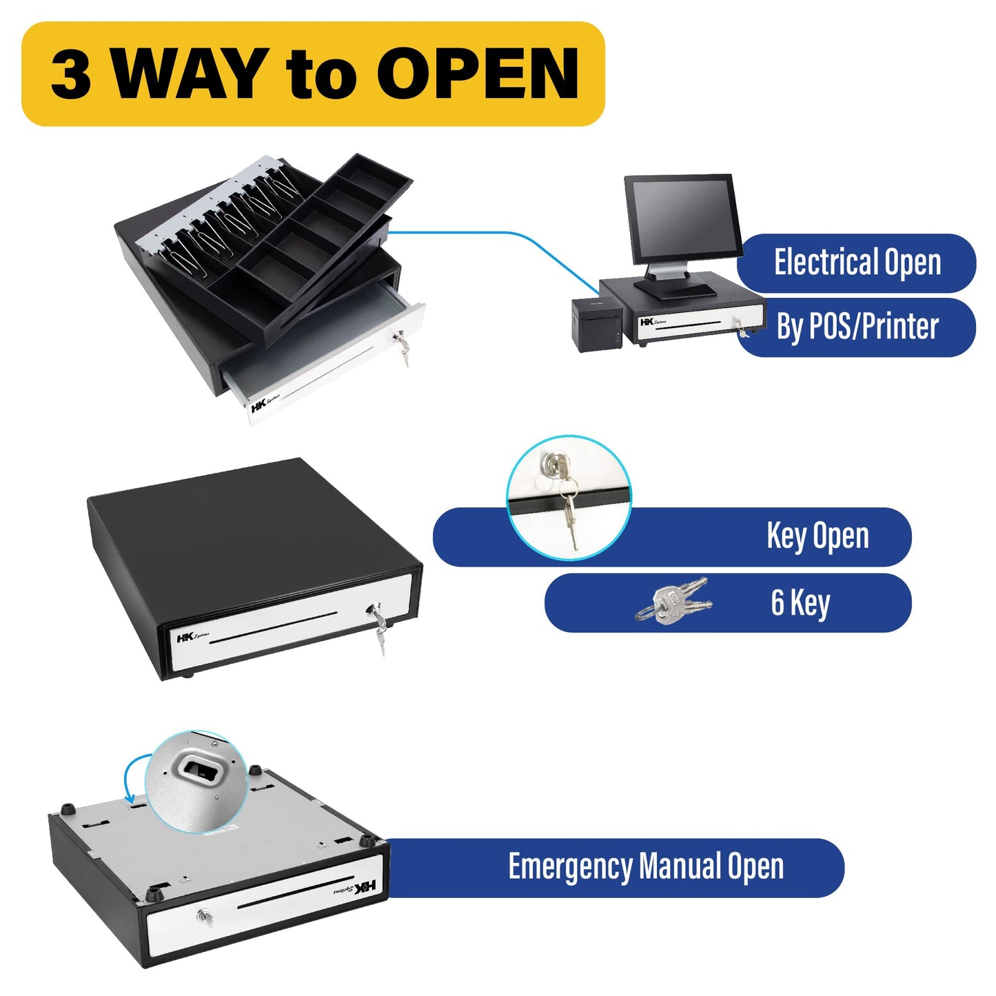HK SYSTEMS 16" "Stainless Steel" Front Heavy Duty Black POS Cash Drawer with 5Bill/5Coin with Under Counter Mounting Metal Bracket