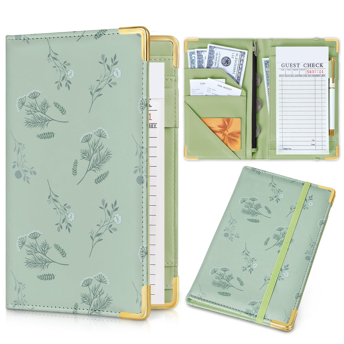 Server Book, Faux Leather Server Books for Waitress, Cute Servers Book with Zipper Pocket & Pen Holder, Serving Books Fits Servers Apron, Sage-Green