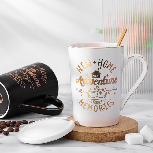 House Warming Gifts New Home - New Home Gift Ideas for Women Men Couple New Homeowners Neighbor Friend, Unique Housewarming Present with 14Oz Coffee Mugs, Spoons, Lids, Greeting Card, Elegant Boxed