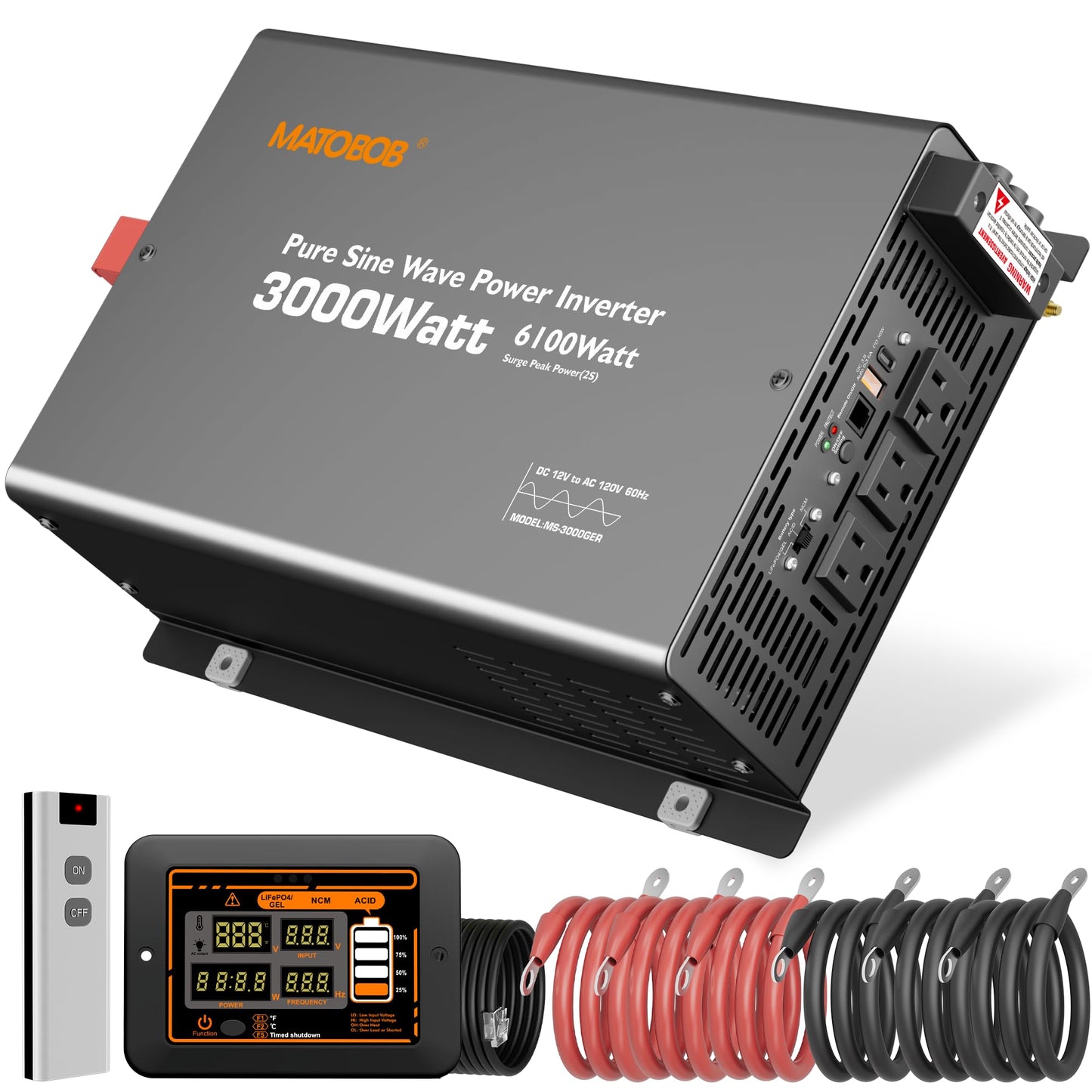3000W Pure Sine Wave Inverter 12V DC to 120V AC for Solar, Off-Grid, RV, Truck, Home, Power Inverter with Three AC outlets, 20A Socket, 5V 2.1A USB, 30A Hardwire Port, Remote Controller 30Ft Cable