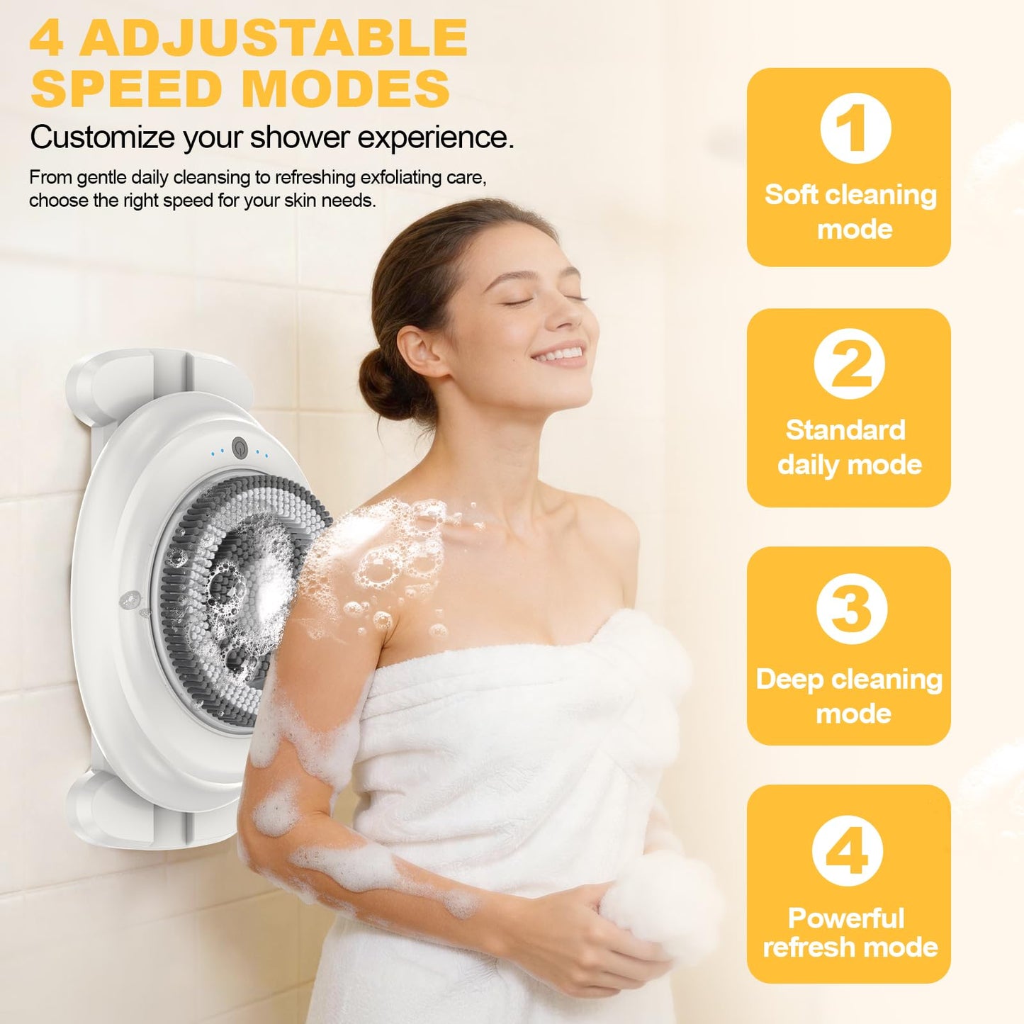 PVACG Electric Shower Scrubber for Body & Back, Wall Mounted Body Brush with Soft Bristles, Waterproof Hands-Free Bath Brush with 4 Speed Modes and Replaceable Heads(1)