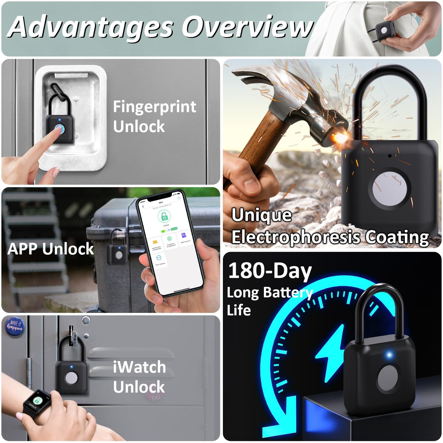 Pothunder Fingerprint Padlock, Smart Padlock, Locker Lock, Combination Lock, Fingerprint Lock with APP Unlock, USB Rechargeable, Suitable for Gym Locker, Door, Locker(Black)