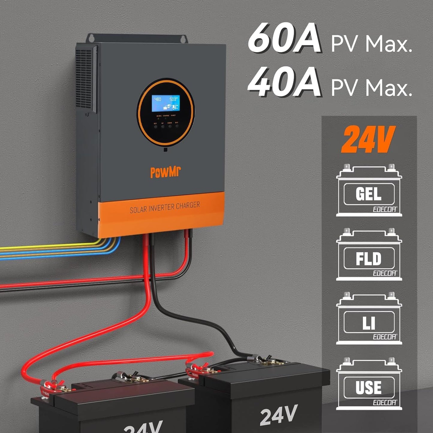 PowMr Solar Inverter 3200W 24VDC to 110VAC, 3200W Pure Sine Wave Inverter Bulit-in 60A MPPT Controller, Off-Grid 3000W Power Inverter for Home Energy Storage Battery Backup