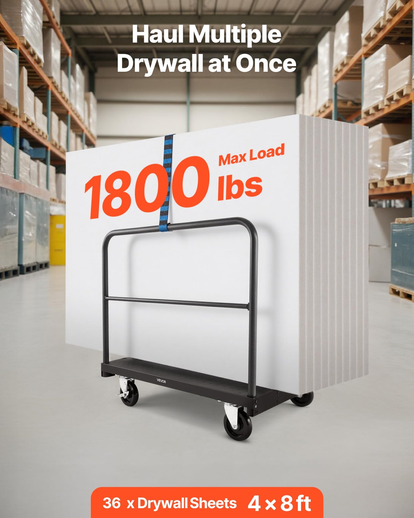 VEVOR Drywall Cart Dolly, 1800 lbs Load Capacity, 2-in-1 Steel Panel Truck Cart with 5 inch Swivel Casters, 36 x 24 inch Platform Truck with 3 Side Handrails for Factory, Warehouse, Garage, Black