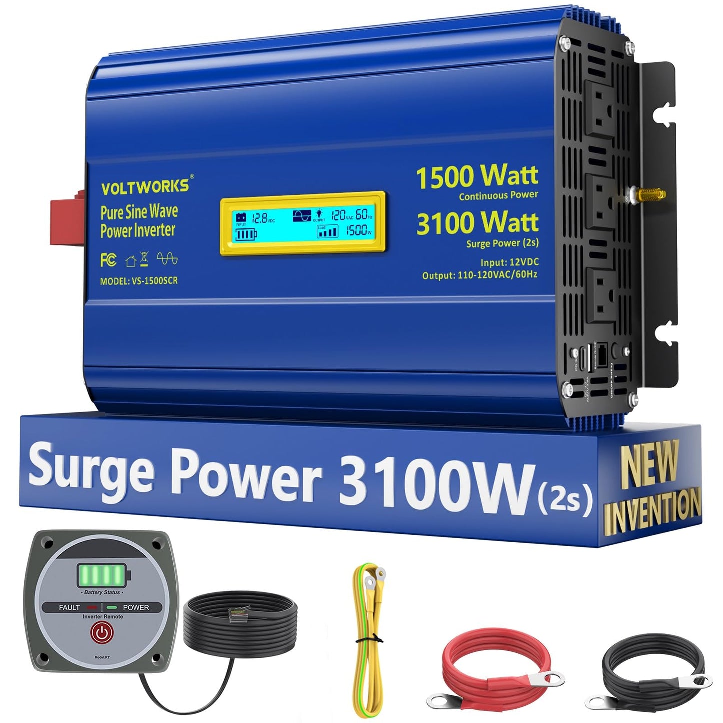 Pure Sine Wave Inverter 1500 Watt 12V to 110V 120V AC Surge Peak 3100W for 2s Power Inverter FCC Approved Built-in UL Fuse PD36W USB-C Port Compatible with Lithium Battery for Off-Grid Solar Car RV