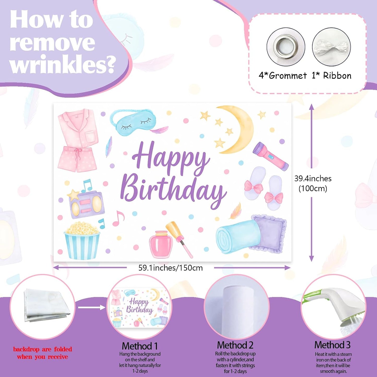 5 3ft Spa Happy Birthday Backdrop Spa Party Supplies for Girls Makeup Pajama Sleep Mask Pillow Photography Background