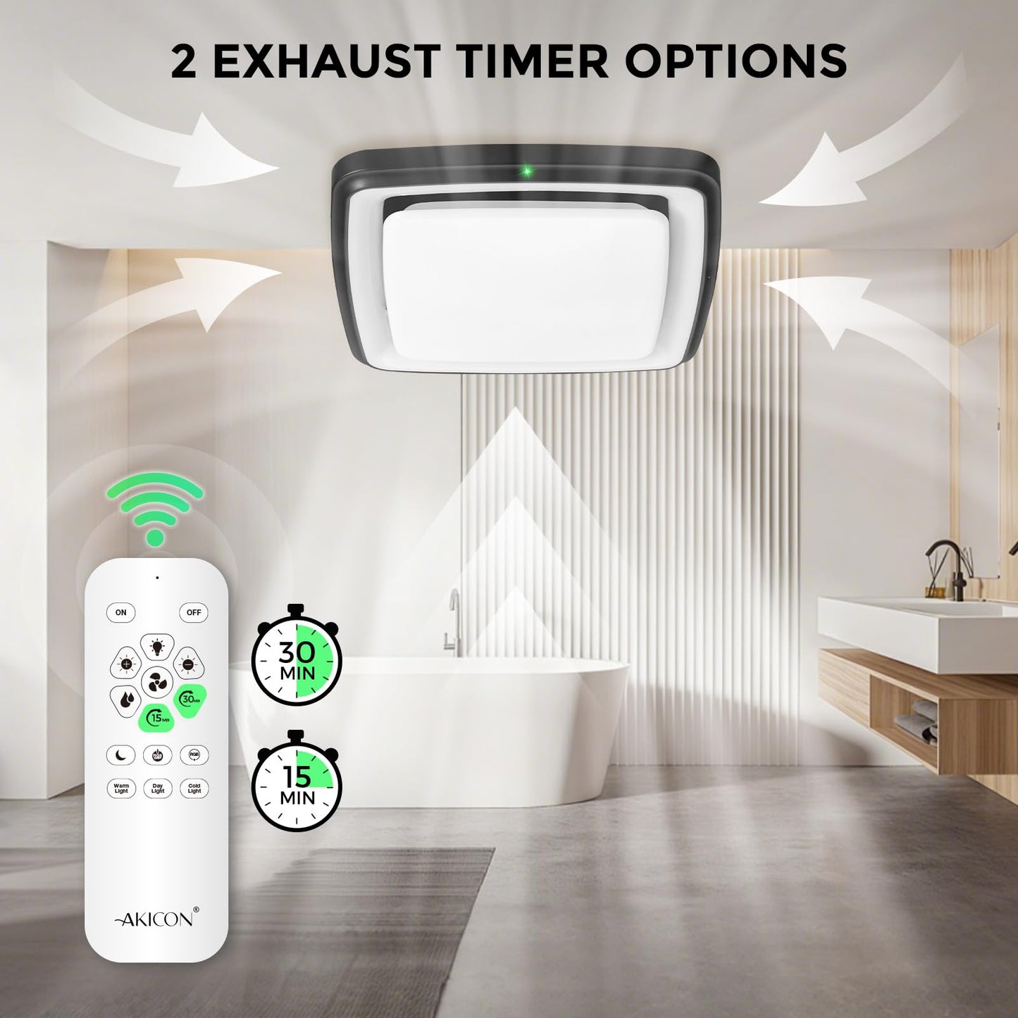 Akicon Bathroom Exhaust Fan with RGB Light, 110 CFM 1.5 Sones Bathroom Vent Fan with Humidity Sensor & Dimmable 3CCT LED Light, Square, Black, No Wall Switch Required