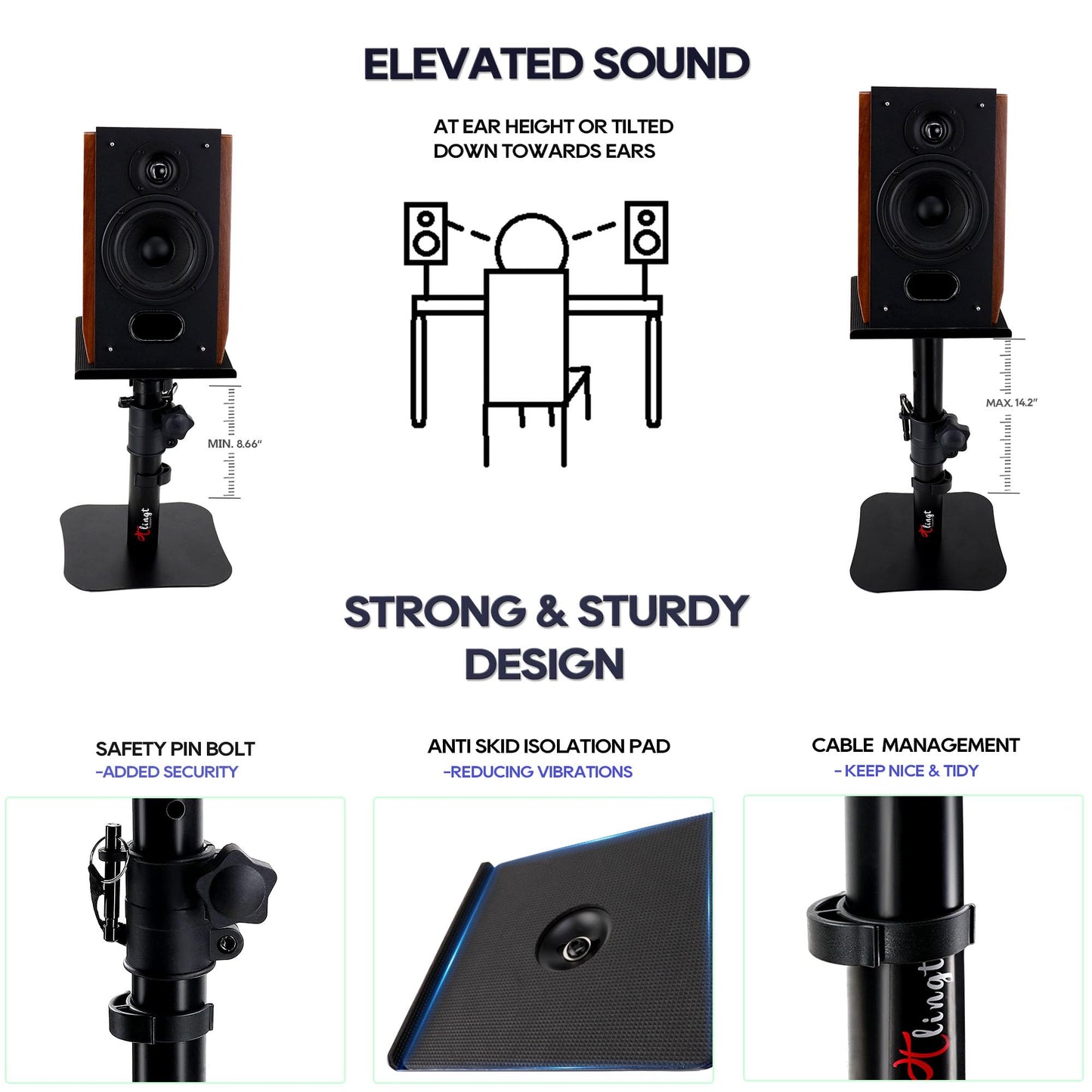 Tlingt Desktop Speaker Stands Pair, Sturdy Flat Base, Height & Tilt Adjusts