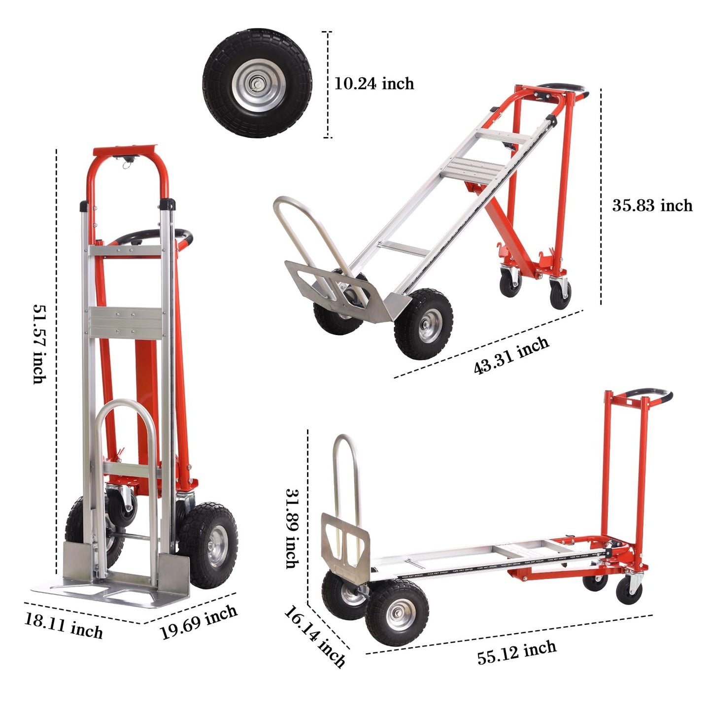 3-in-1 Industrial Aluminum Dolly Hand Truck,Convertible Hand Truck Dolly,1000 Lbs Capacity Hand Trucks Heavy Duty with PU Solid Wheels and Cargo Straps for Moving and Transport (red)