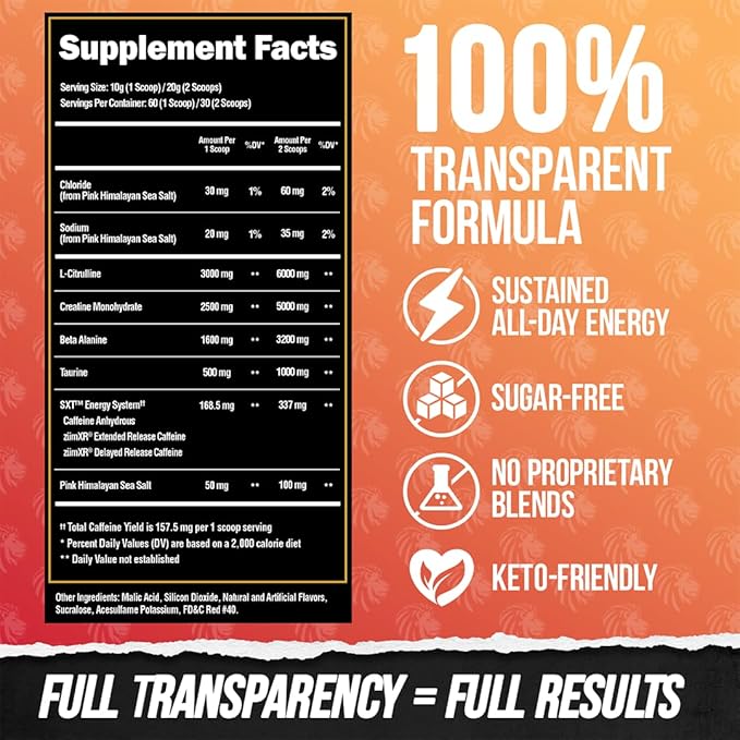 ALPHA LION Core Pre Workout Powder with Creatine for Performance, Beta Alanine for Muscle, L-Citrulline for Pump & Tri-Source Caffeine for Sustained Energy (60 Servings, Alpha Punch Flavor)