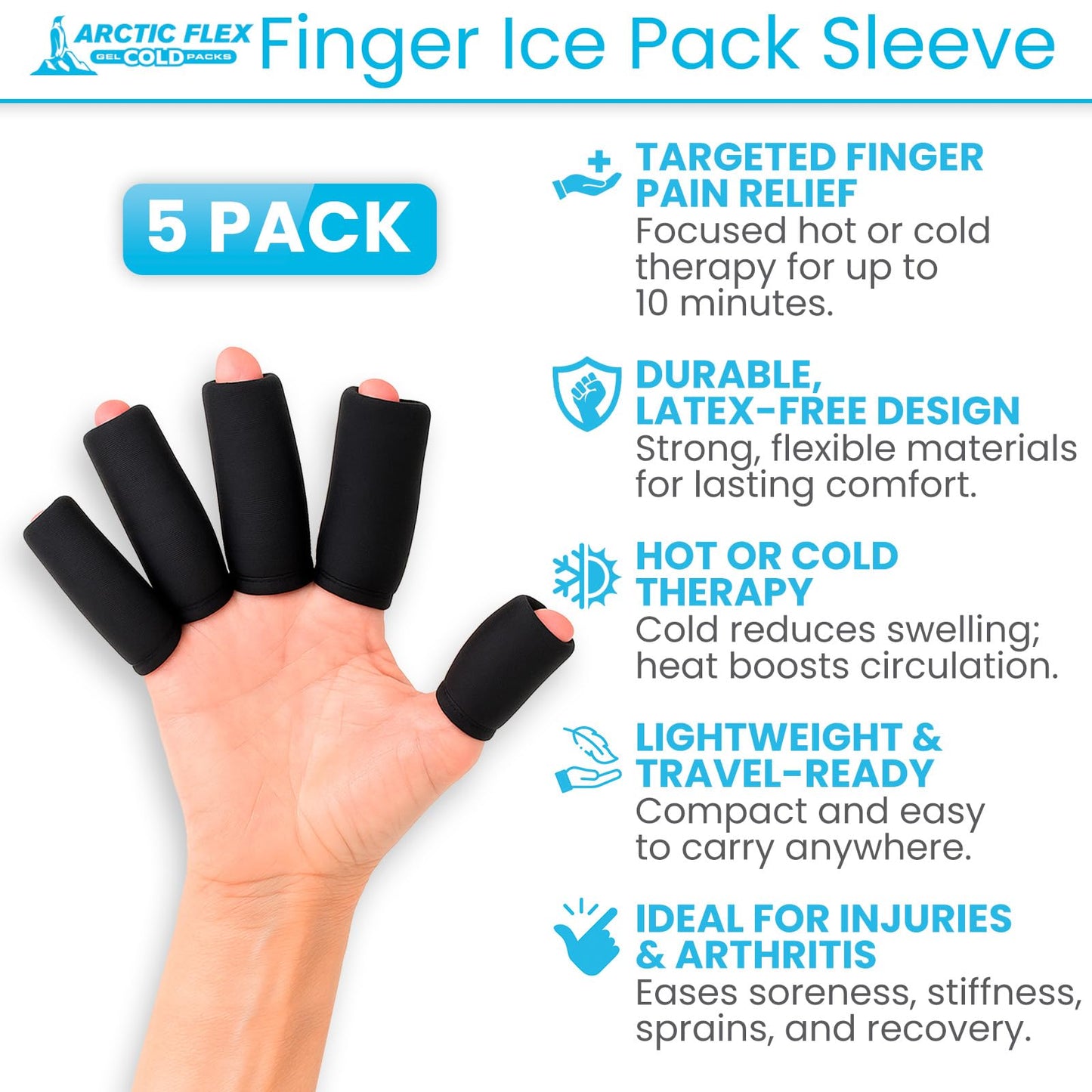 Arctic Flex Finger Ice Pack Sleeve - (5 Pk) Compression Sleeves for Arthritis, Trigger Finger & Pain Relief - Hot and Cold Gel Therapy Treatment for Joints & Thumb - Support Wrap for Swelling