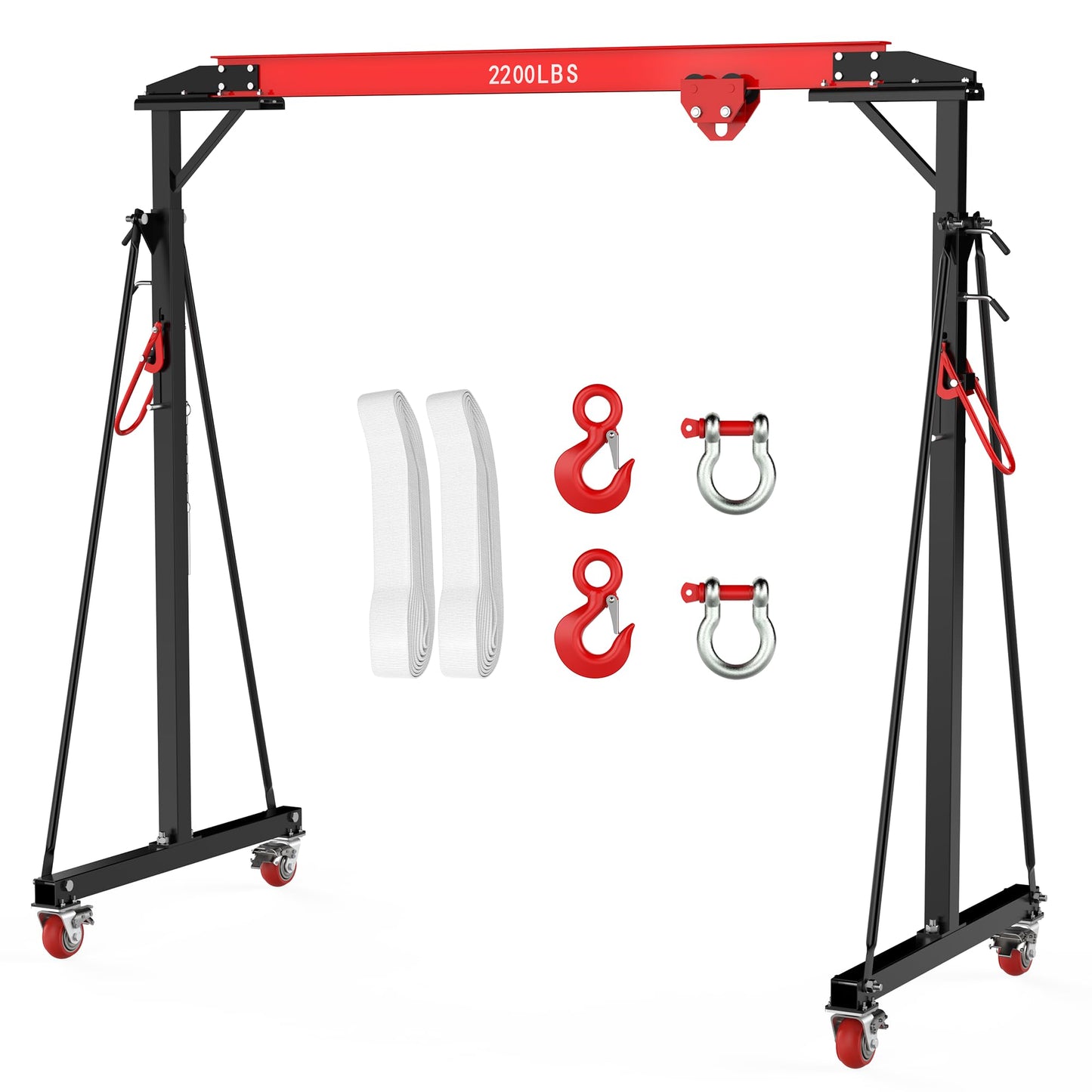 Adjustable Gantry Crane with Manual Trolley, Hook and Sling Strap, 1 Ton 2200 LBS Capacity, Portable Gantry Crane Height Adjustable 97" to 141" with 12 Positions, for Factories, Warehouses