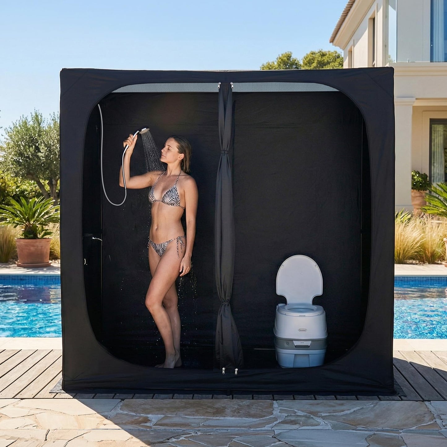 EighteenTek® Shower Tent, 2-Room Changing Room, Outdoor Shower Enclosure Spacious, Privacy Canopy Shelter with Floor & Doors, Stable & Durable, Toilet Tent Bathroom for Courtyard, Pool, Photoshoot