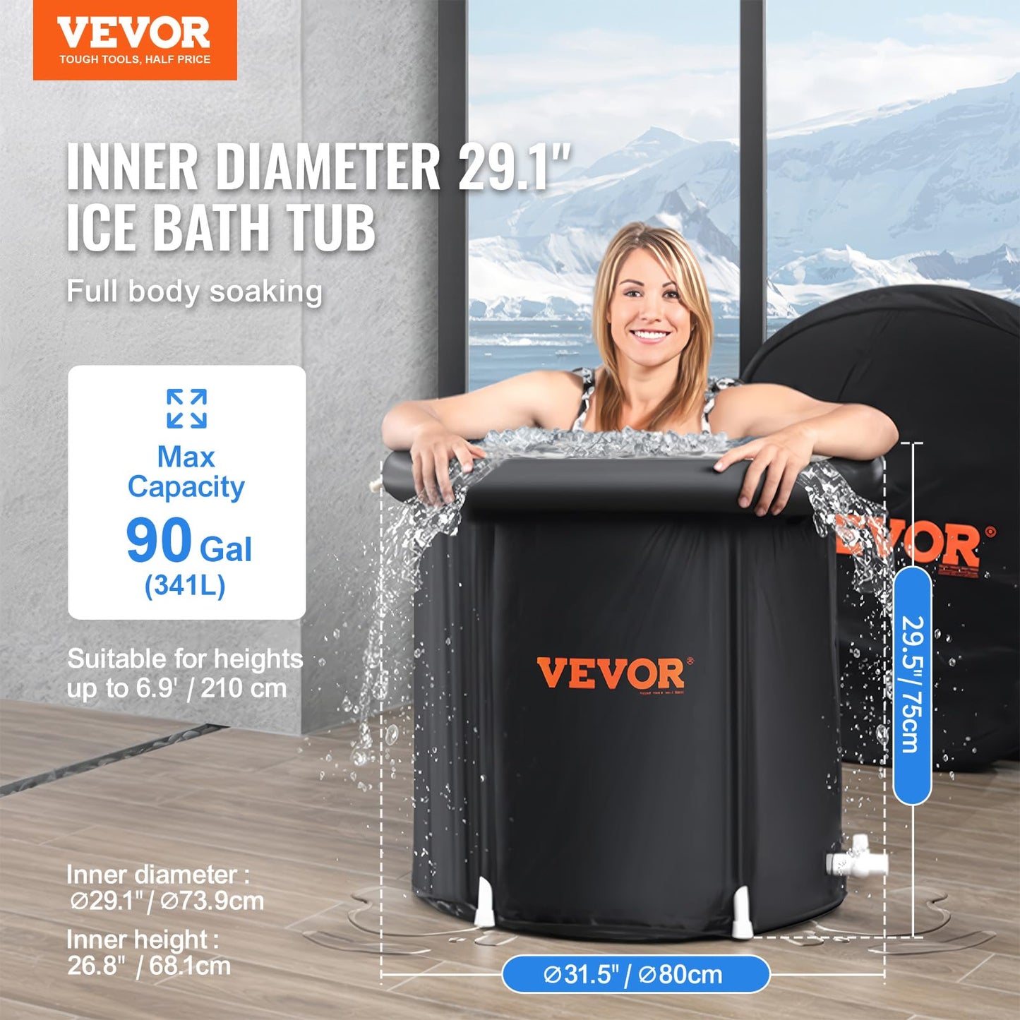 VEVOR Ice Bath Tub, Cold Water Therapy Plunge Tub for Athletes, Portable Outdoor Ice Barrel Plunge Pool for Recovery, 90 Gal Inflatable Folding Bathtub with Cover, Home Ice Pod for Adult, 32"Lx30"H