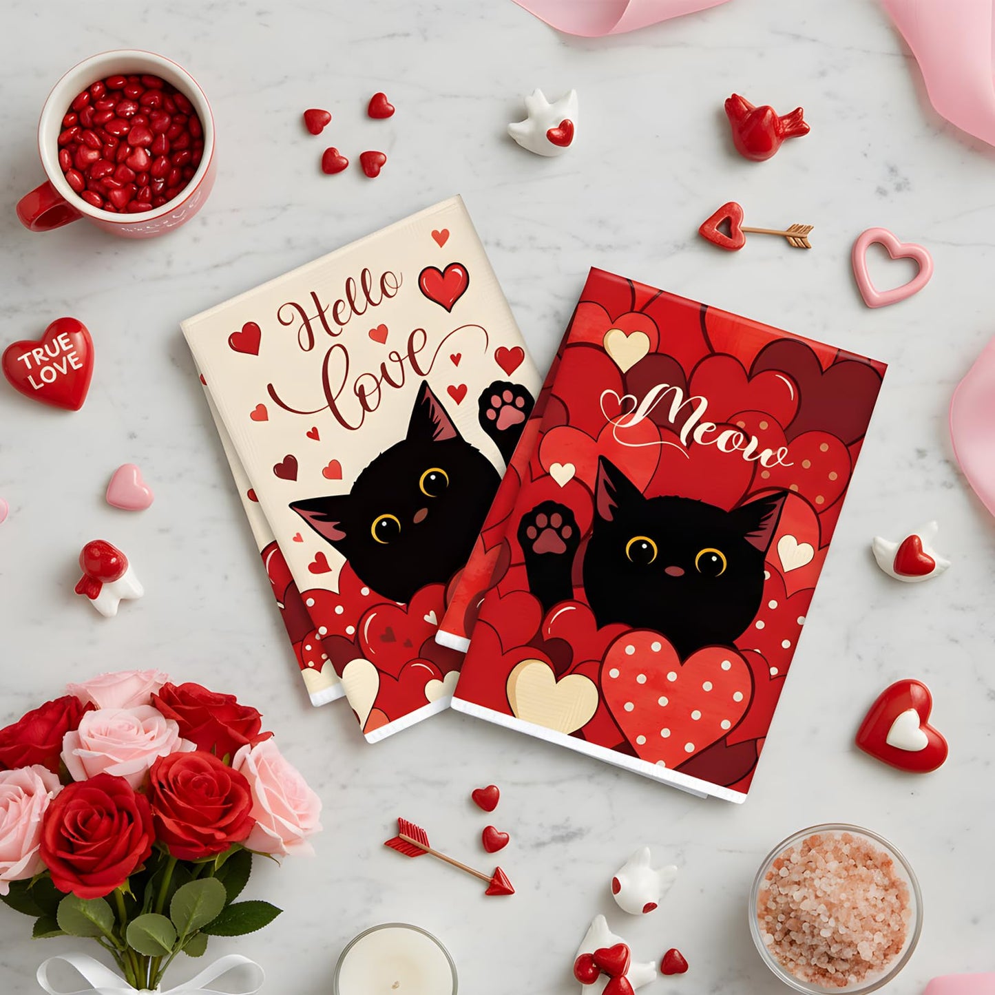 VISSTREE Valentines Day Kitchen Towels, 4 PCS Black Cat Red Heart Dish Towels, Absorbent Hello Love Dish Cloth Hand Towel for Kitchen Anniversary Wedding Valentines Decoration Housewarming Gifts