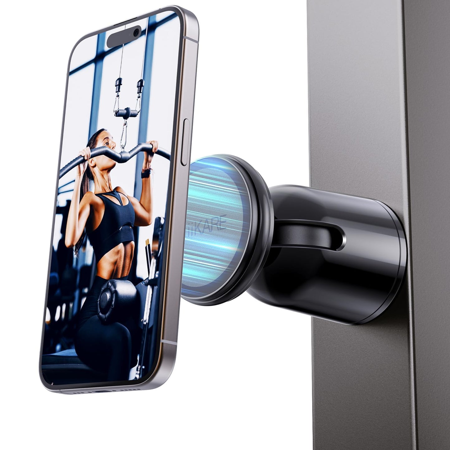 MiiKARE Dual Magnetic Phone Holder for Magsafe, Strong Magnets Gym Phone Holder Mount, 360 Rotation Adjustable, Hands Free Cell Phone Holder Compatible iPhone 17 Pro Max 16 15 14 13, Magsafe Black