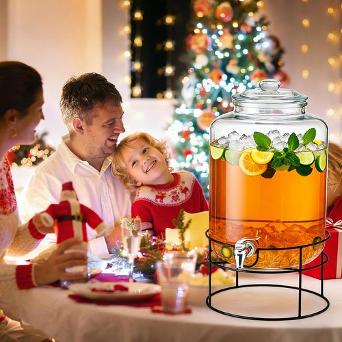 Honeydak 1 Pack 4 Gallon Glass Beverage Dispenser with Stand and Spigot Leakproof Glass Drink Beverage Storage for Valentine's Parties Mason Jar Dispenser with Lids