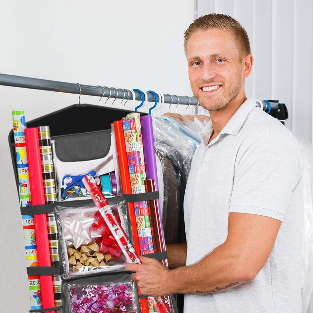 ProPik Wrapping Paper Storage Organizer - Double-Sided Design with Multiple Pockets | 40" x 17" Clear PVC Bag (Black)