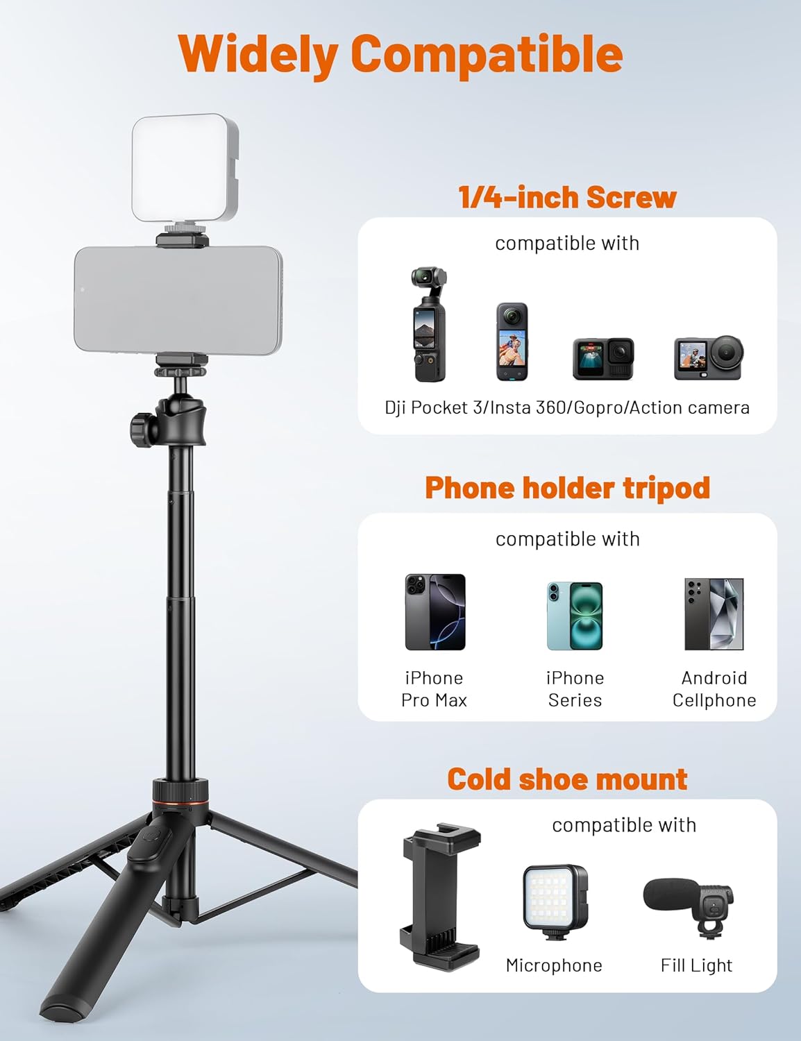 JOILCAN 64" 360 Tripod for iPhone & Camera, Selfie Stick with Ball Head Remote & Phone Holder, Extendable Portable