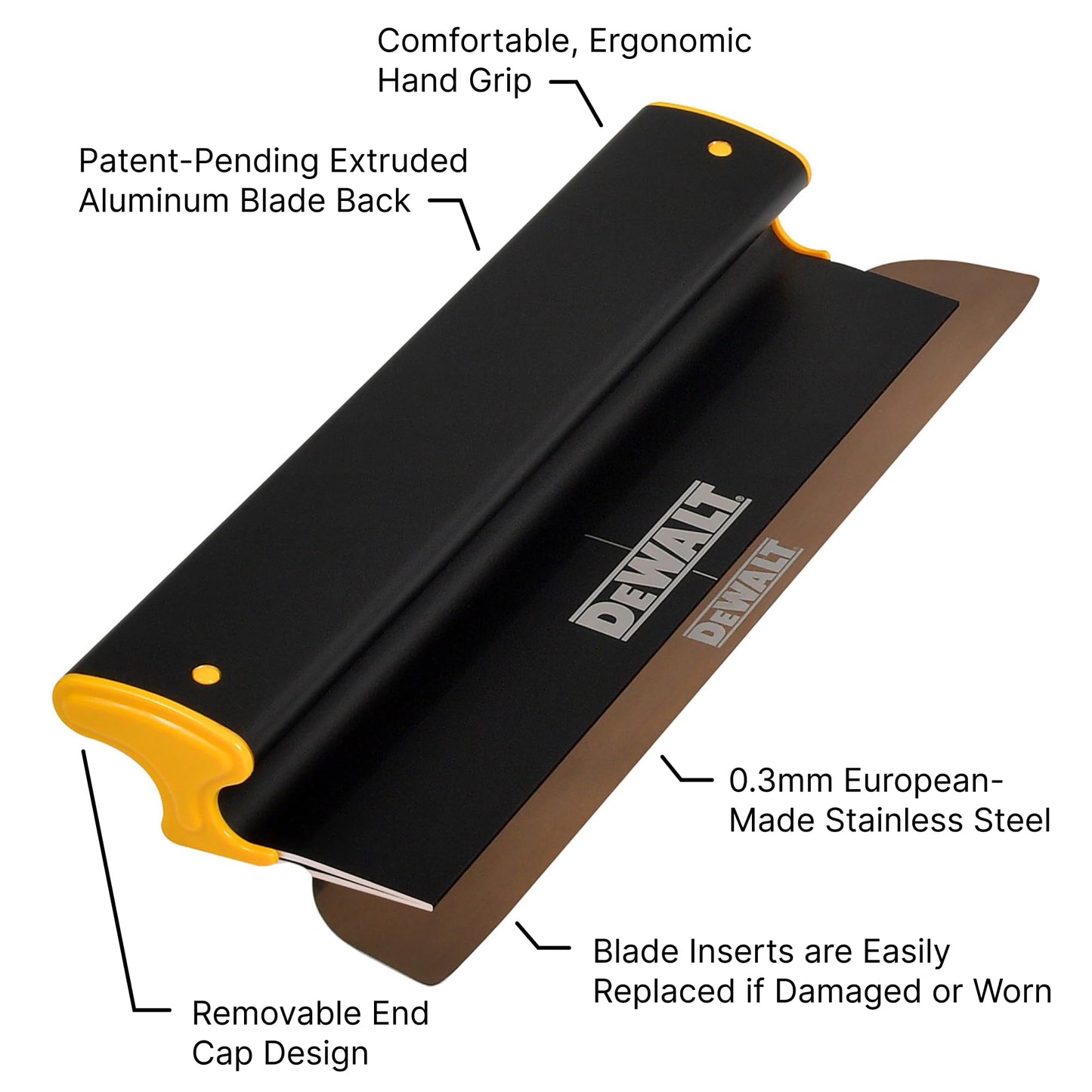 DEWALT Drywall Skimming Blade, 16-Inches | Pro-Grade | Extruded Aluminum & European Stainless Steel Construction | High-Impact End Caps | Sheetrock Gyprock Wall-Board Plasterboard | DXTT-2-916