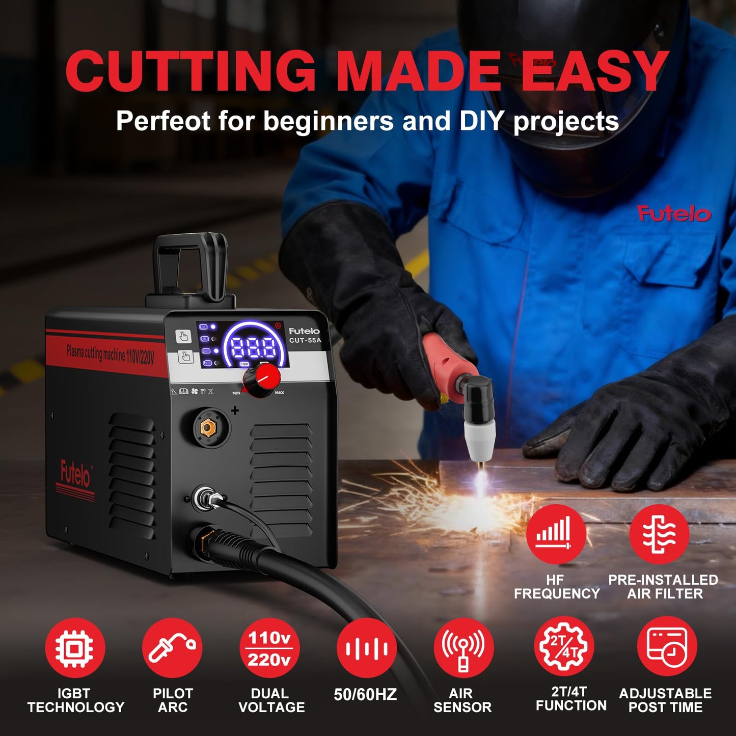 Futelo Plasma Cutter 55A, 110V/220V Plasma Cutter Machine with Large LED Display, Contact Arc Start, IGBT Inverter, 1/2” Clean Cut, 2T/4T, Portable Plasma Cutting Equipment for DIY & Workshop