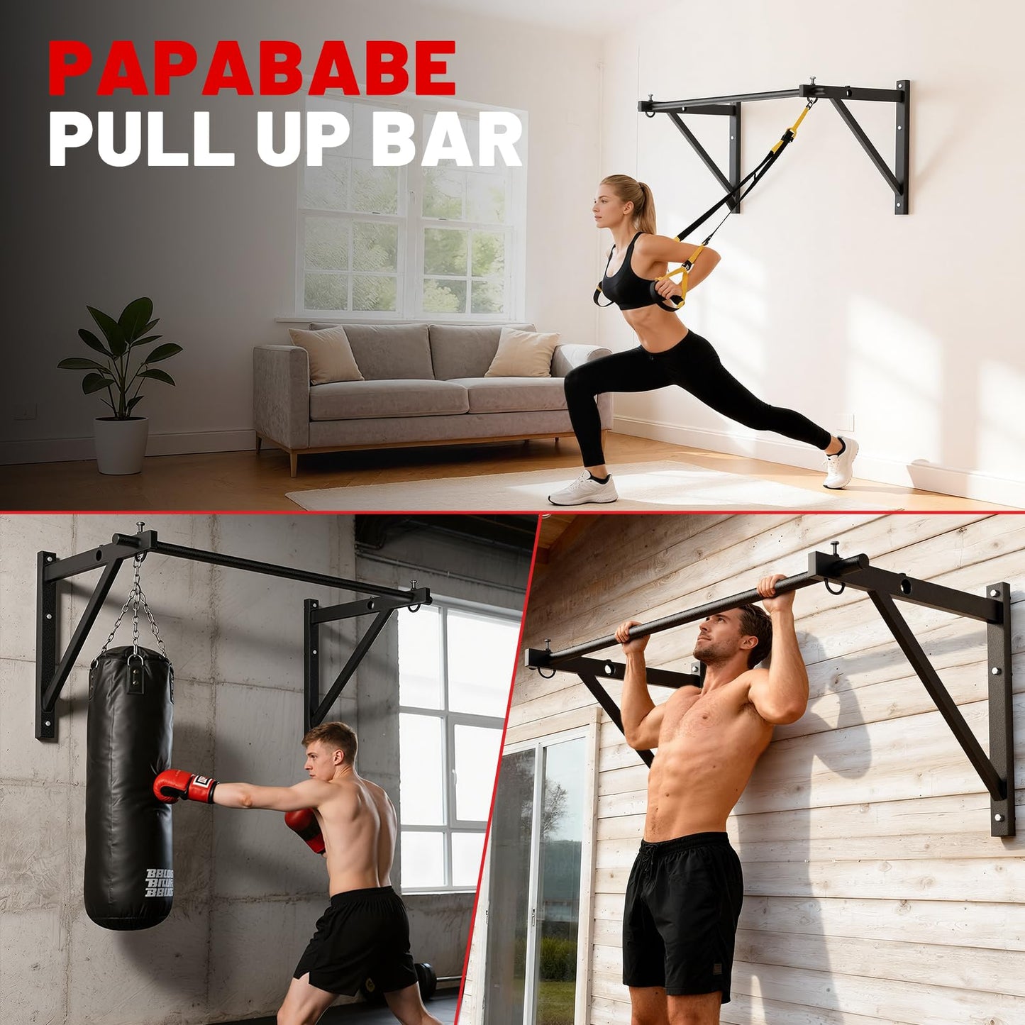 PAPABABE Wall Mounted Pull Up Bar, Chin Up Bar, Strength Training Pull-Up Bars Chin Up Bars for Home Gym, 500LBS Weight Capacity (Black 52 inch)