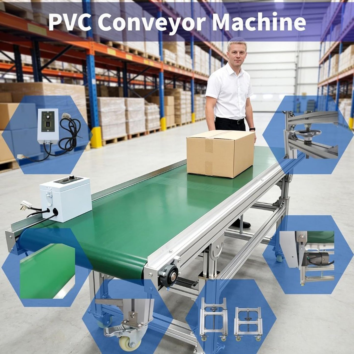 Yokoma PVC Conveyor Machine Belt Adjustable Speed Flat Conveyor Belt Systems on Wheels 70.9inch*19.7inch Aluminum 120W 110V Green