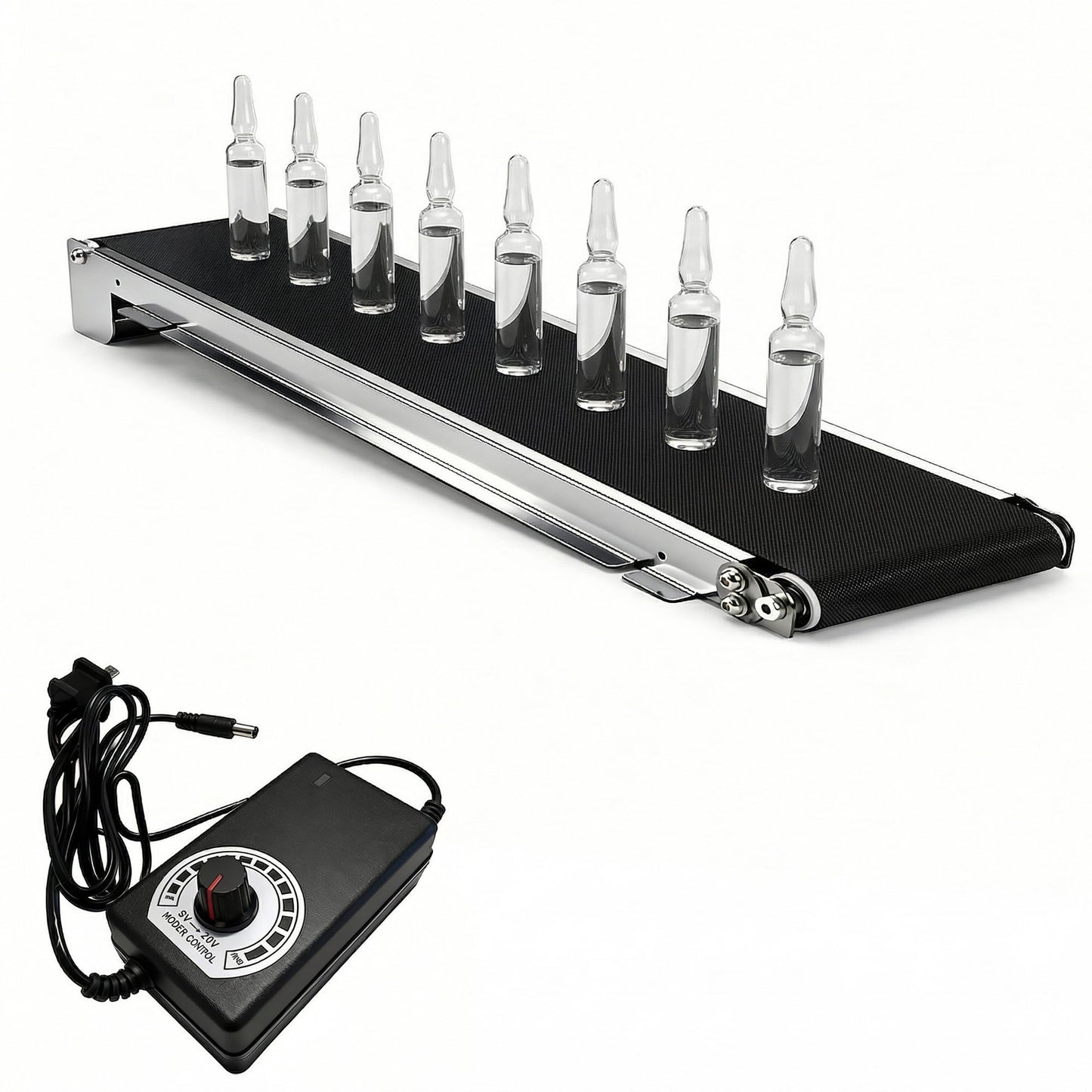 THOUSANDSUNNY Mini Conveyor Belt, 18.11" Stepless Speed Control Reversible Stainless Steel Low Noise for Packaging Sorting DIY Projects