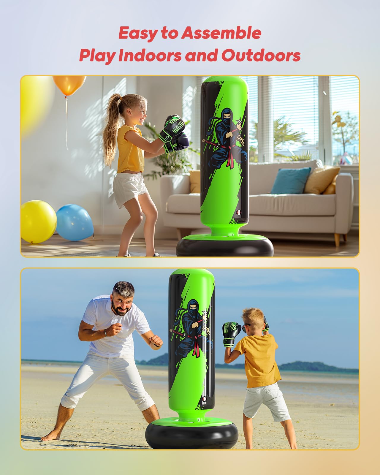 QPAU Punching Bag for Kids, 66 Inch Stable Inflatable Boxing Bag with Boxing Gloves, Stand Kids Punching Bag Toy for Boys & Girls Age 6-12, Boxing Set for Practicing Karate, Taekwondo, MMA